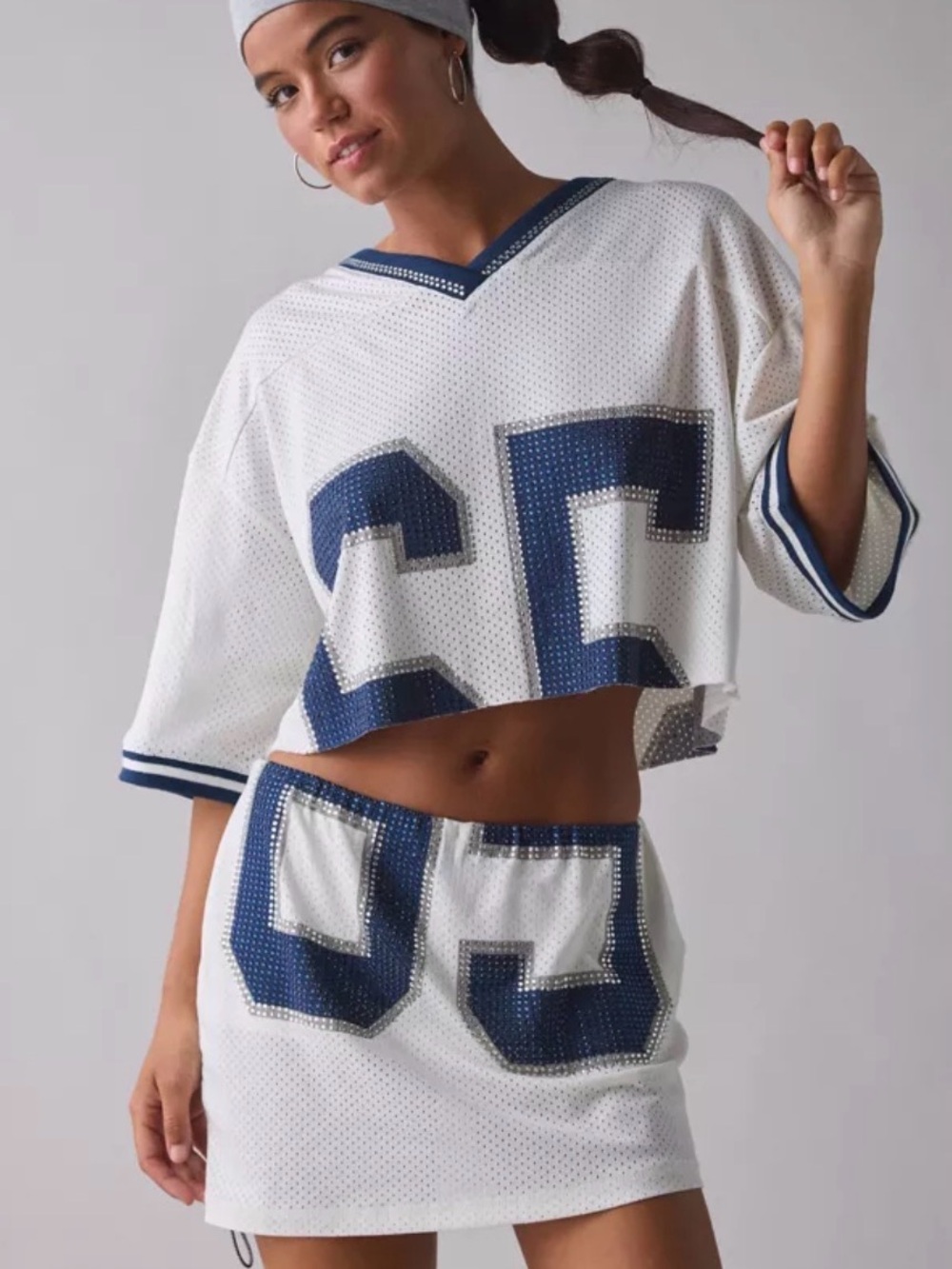 Urban Outfitters White and Navy Mesh Skort with '65' Accent